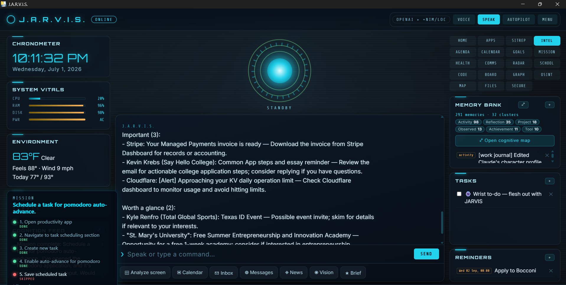 The JARVIS desktop interface: chronometer, system vitals, morning brief, memory bank with clusters, a mission checklist and reminders